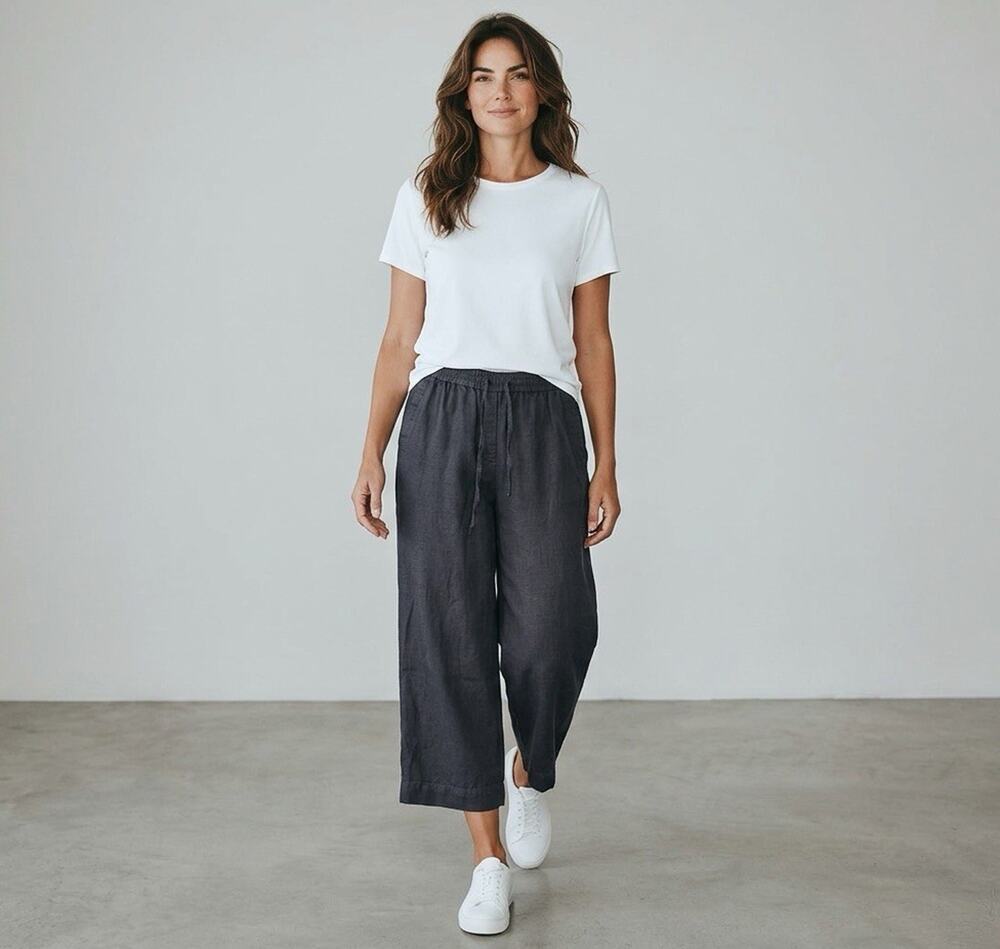 Talbots Pants Linen Women’s Size 12 Navy Blue Wide Leg Crop Lagenlook